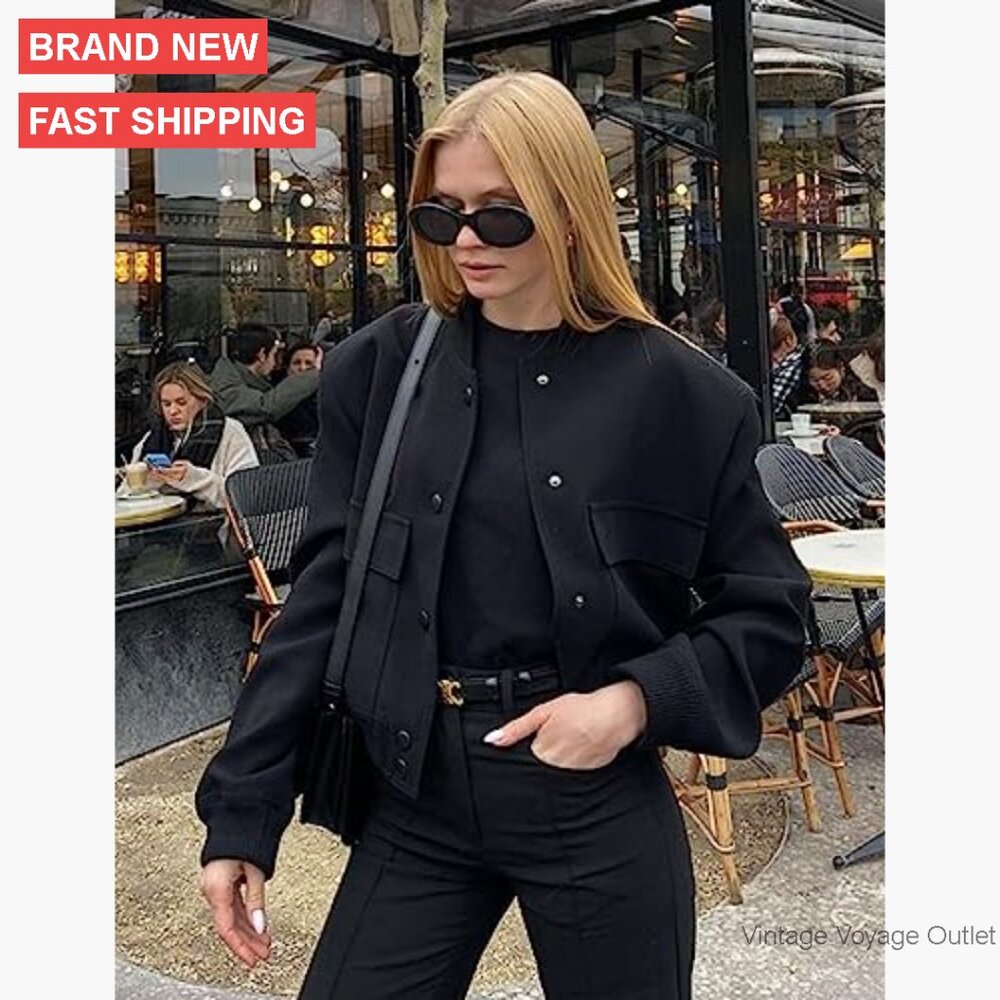 Cropped Bomber Jacket Button Down Varsity Shacket… - image 2